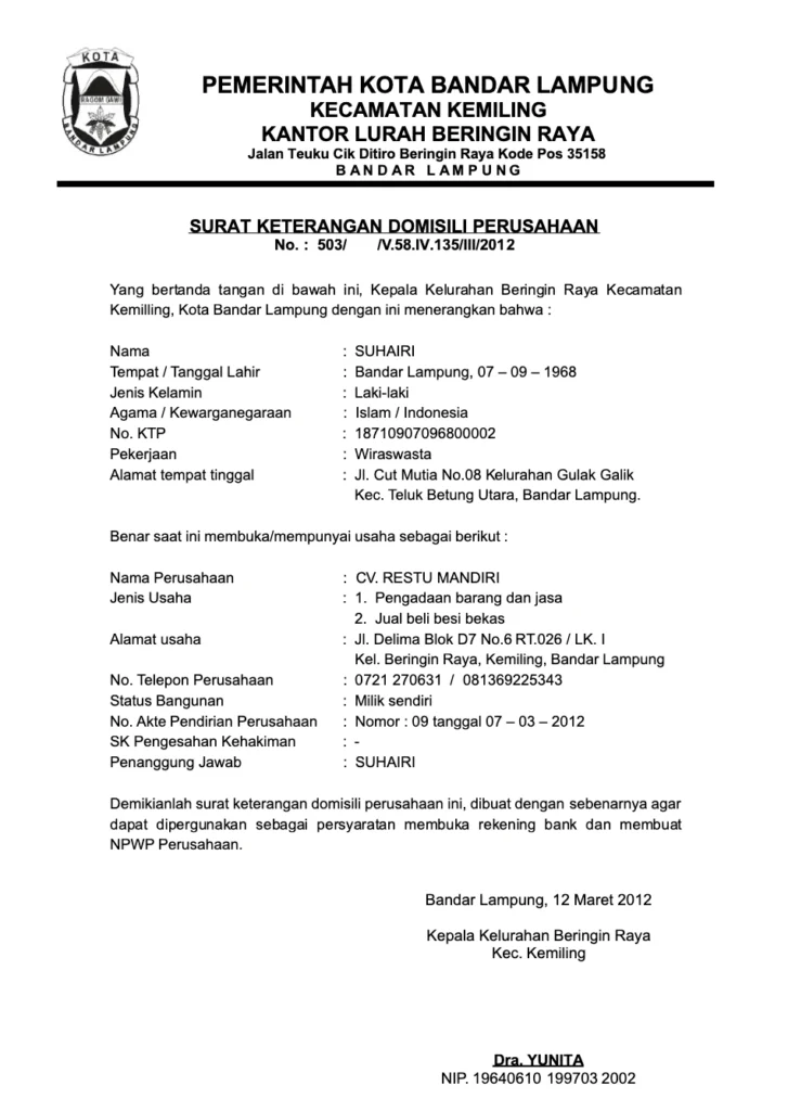Contoh Surat Keterangan Domisili Perusahaan (SKDP)